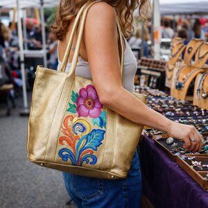 Hand Painted Vibrant Gold Leather Tote with Floral Design